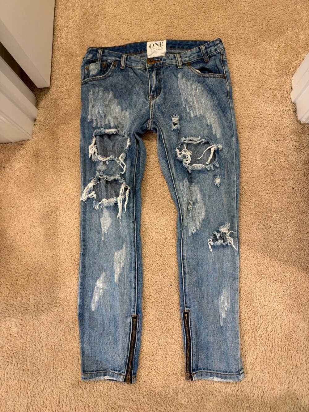 One Teaspoon Trashed Free Birds Distressed Skinny Jeans Ankle Zip Size 27